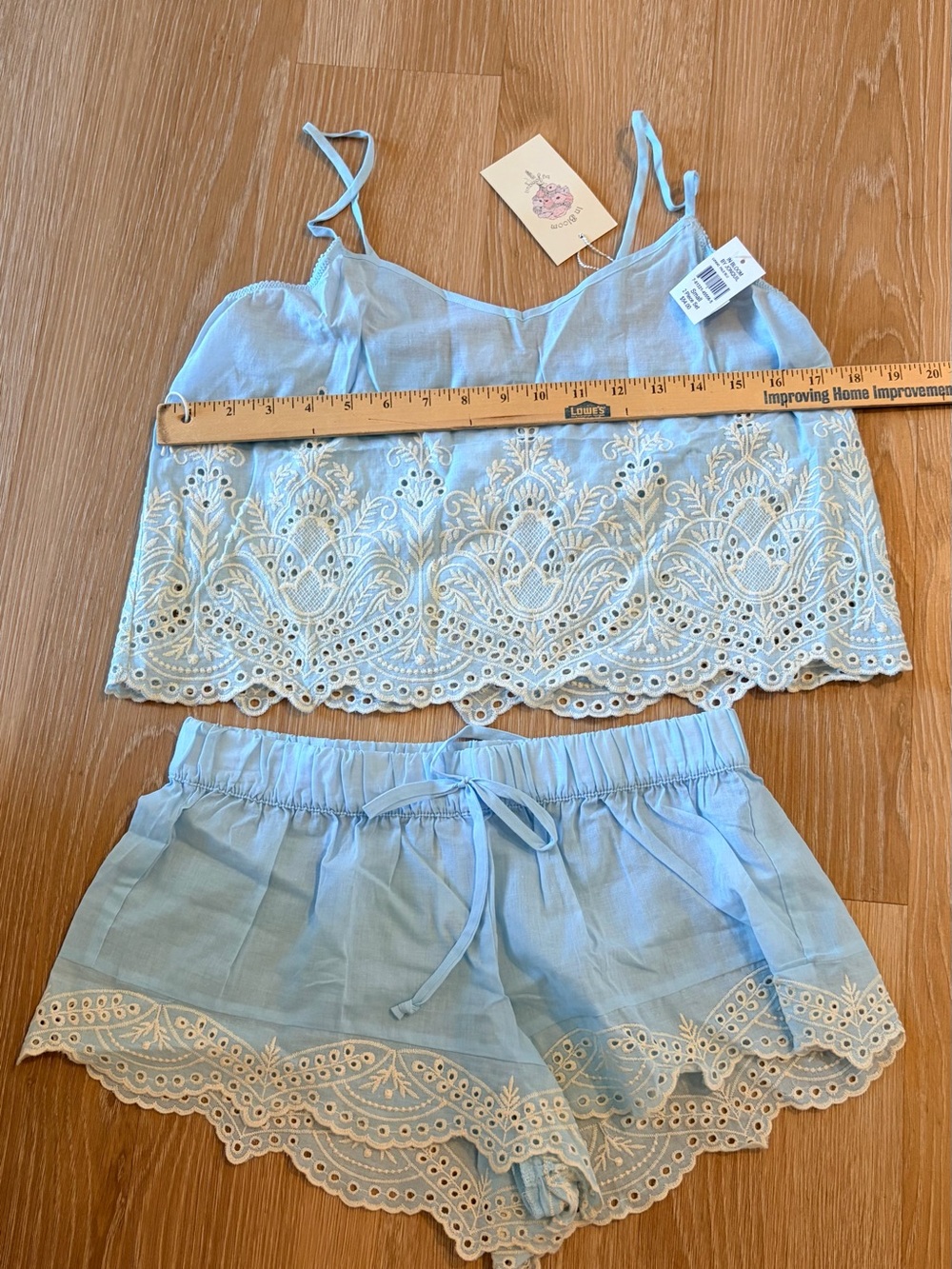 Light Blue Embroidered Cotton Cami & Short Sleep Set - Unbranded